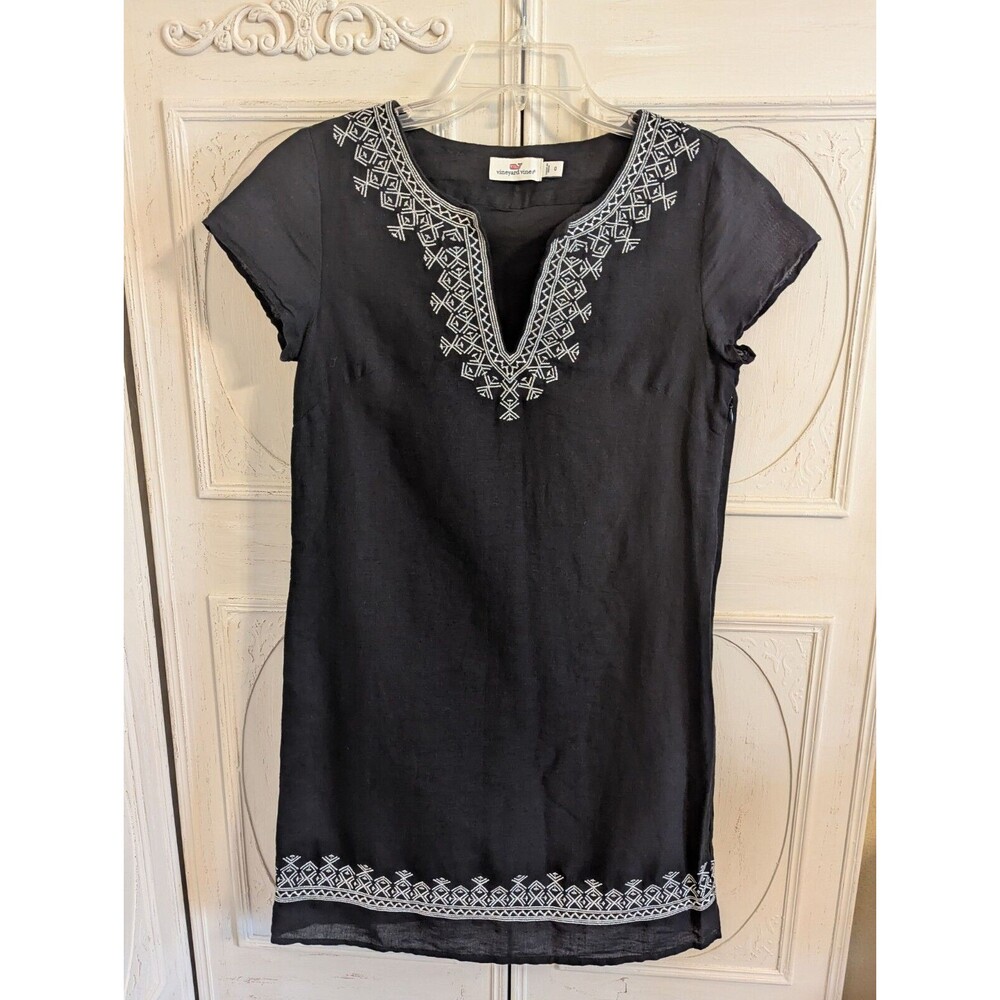 Vineyard Vines Womens Linen Cap Sleeve Embroidered Beach Tunic Dress Black Sz 0